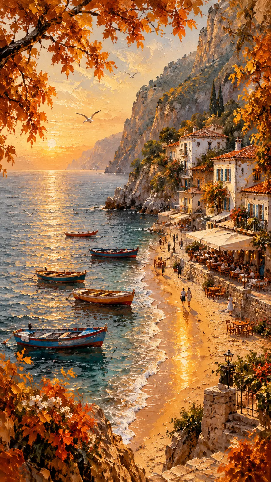 A secluded seaside cove with Mediterranean houses and fishing boats at golden hour