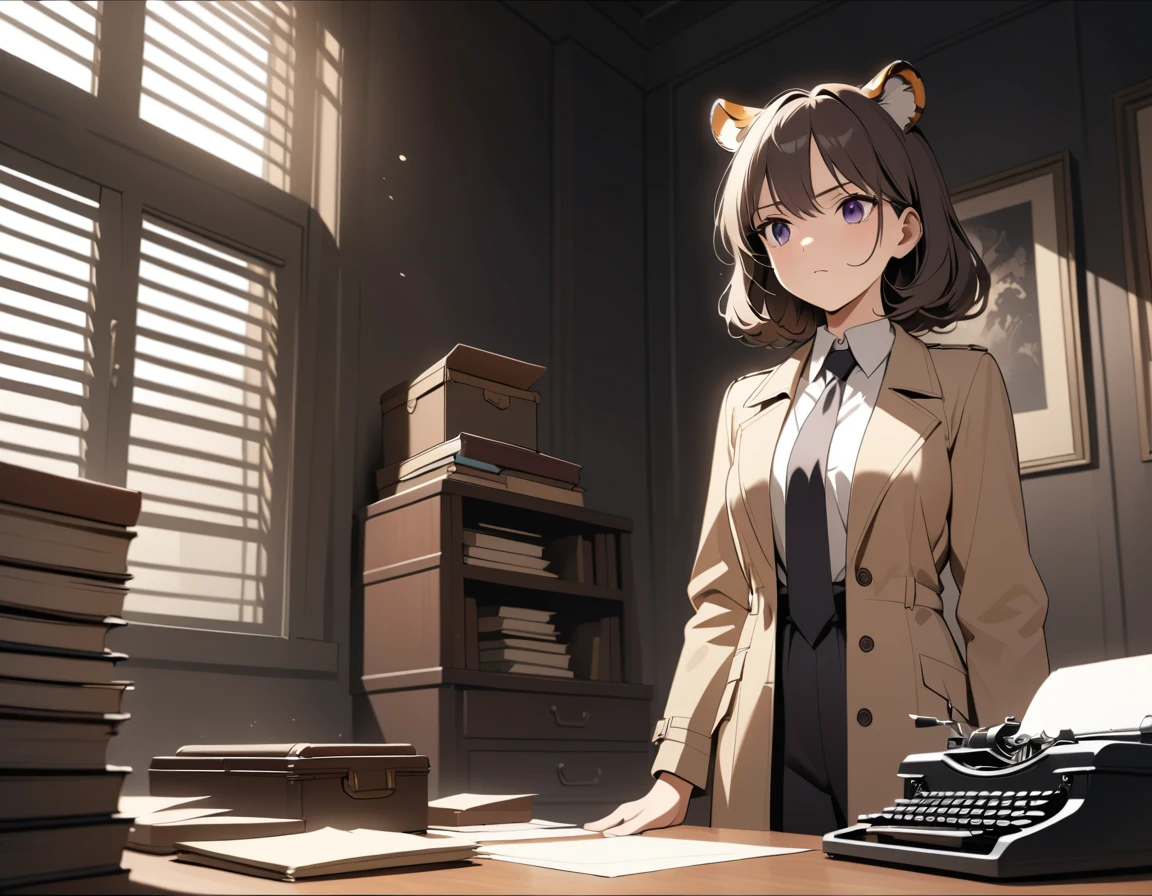 A tiger hybrid detective stands in a dim vintage office