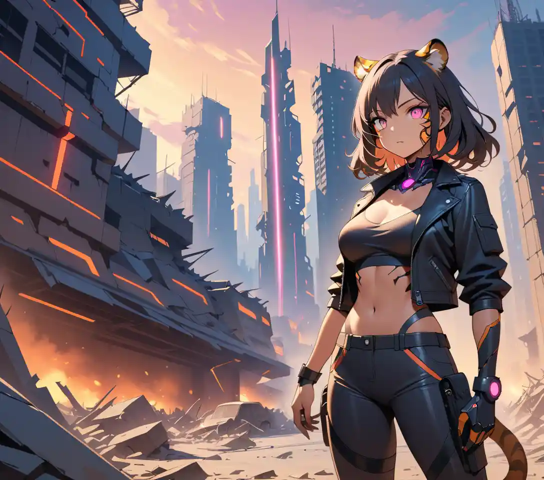 A tiger woman cyborg stands amid a smoking post-apocalyptic wasteland