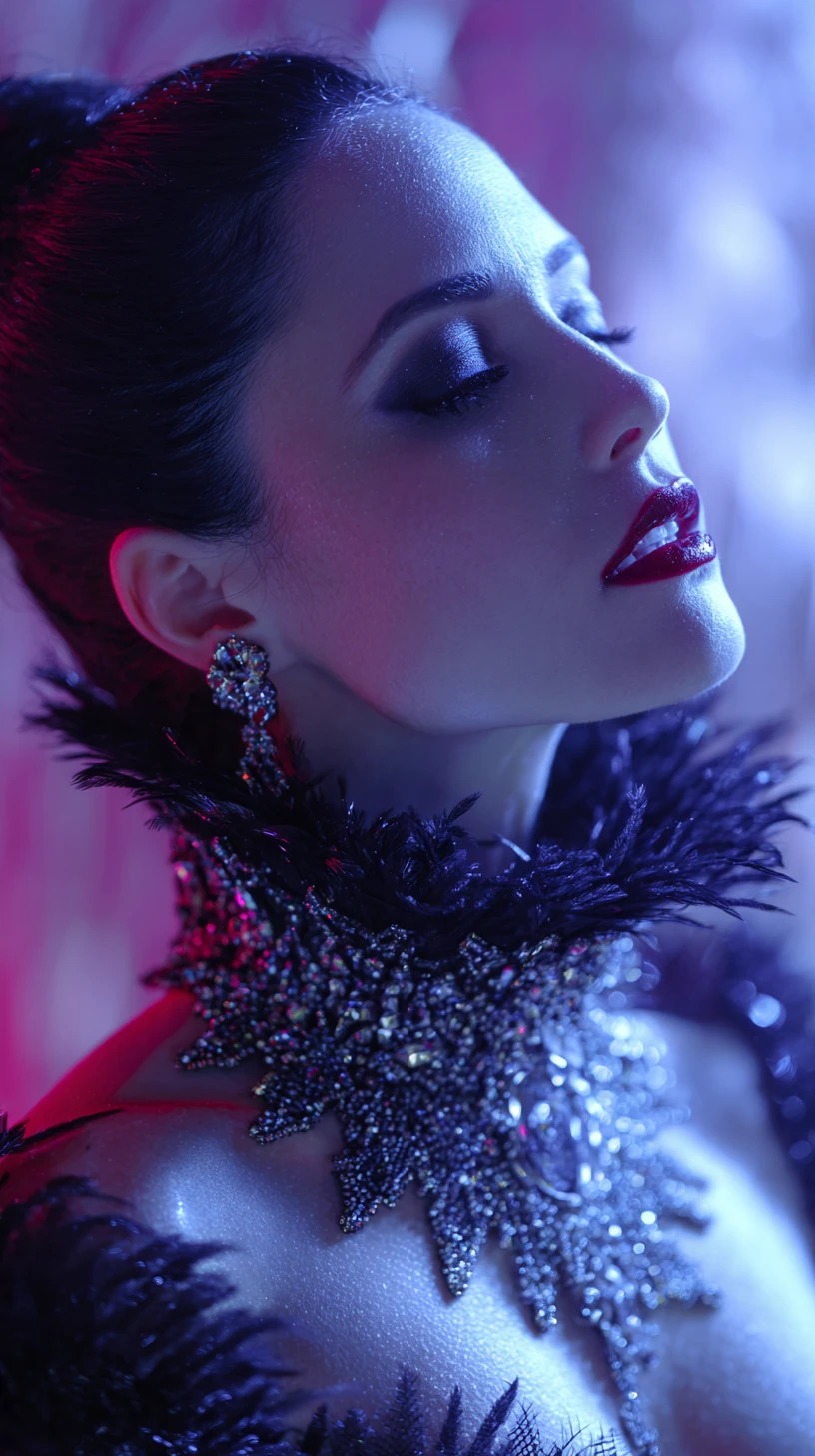 Una donna glamour in alta moda nera sotto le palme al neon di Miami Beach