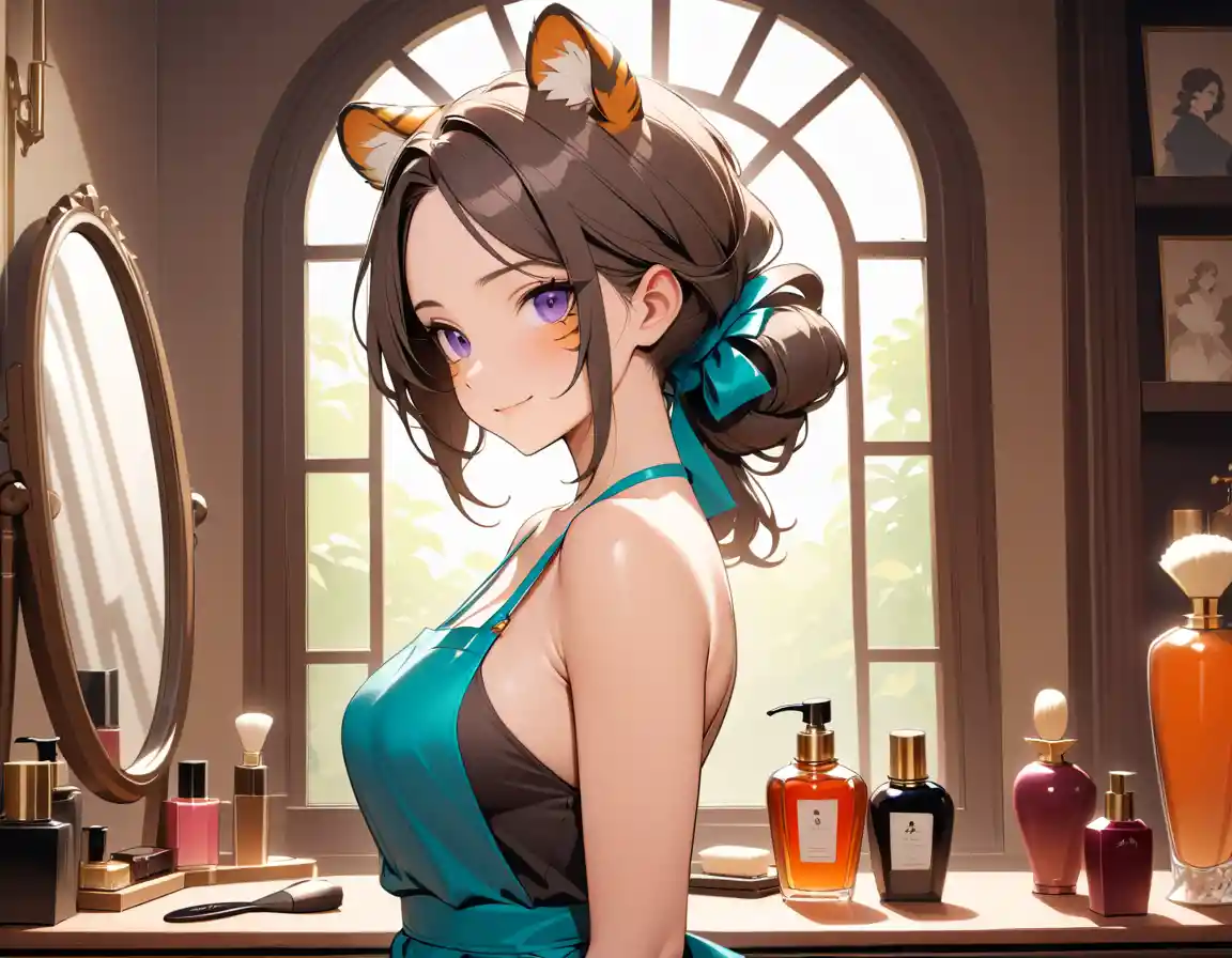A tiger woman hairdresser smiles in a vintage Parisian salon