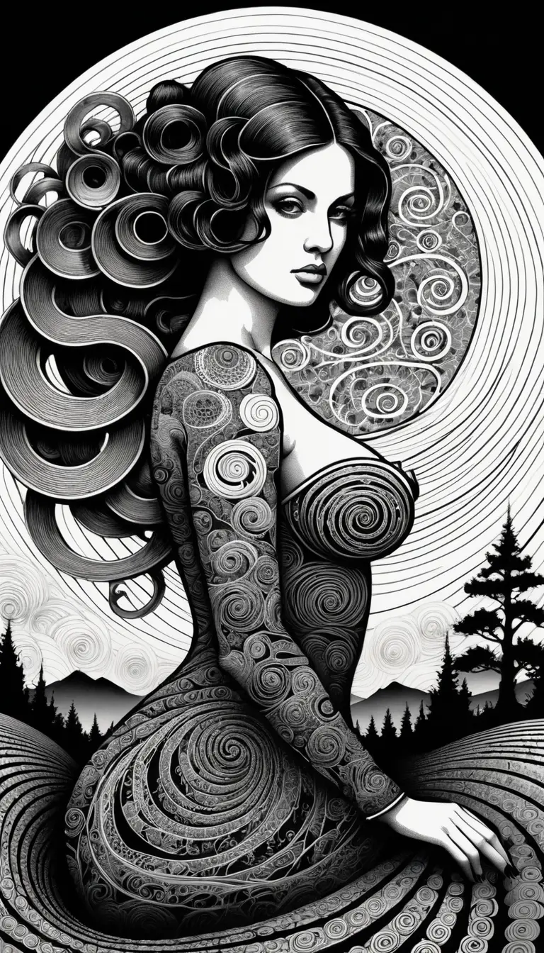 A woman formed from interlocking black spirals against a spiral field