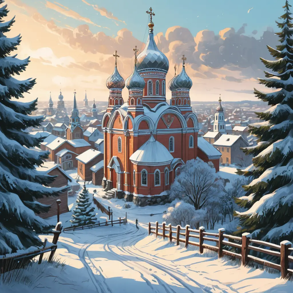 A snowy Russian village church beneath falling winter snow