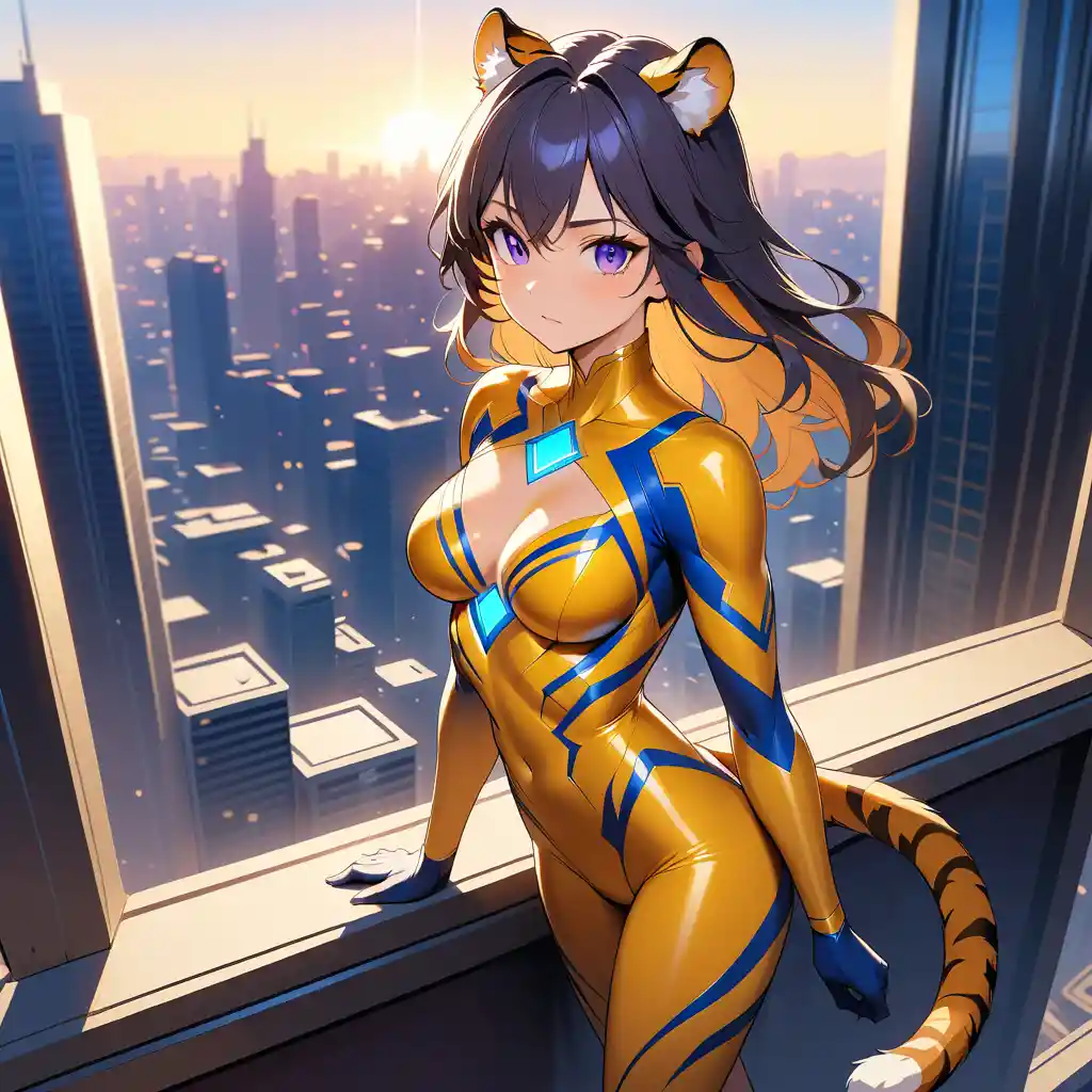 Eine Tigerfrau-Superheldin überblickt im Morgengrauen von der Kante eines Wolkenkratzers aus die Metropole