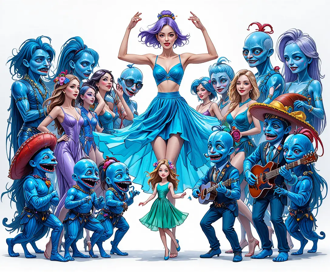 Three dancers surround three blue cartoon characters in a festive collage
