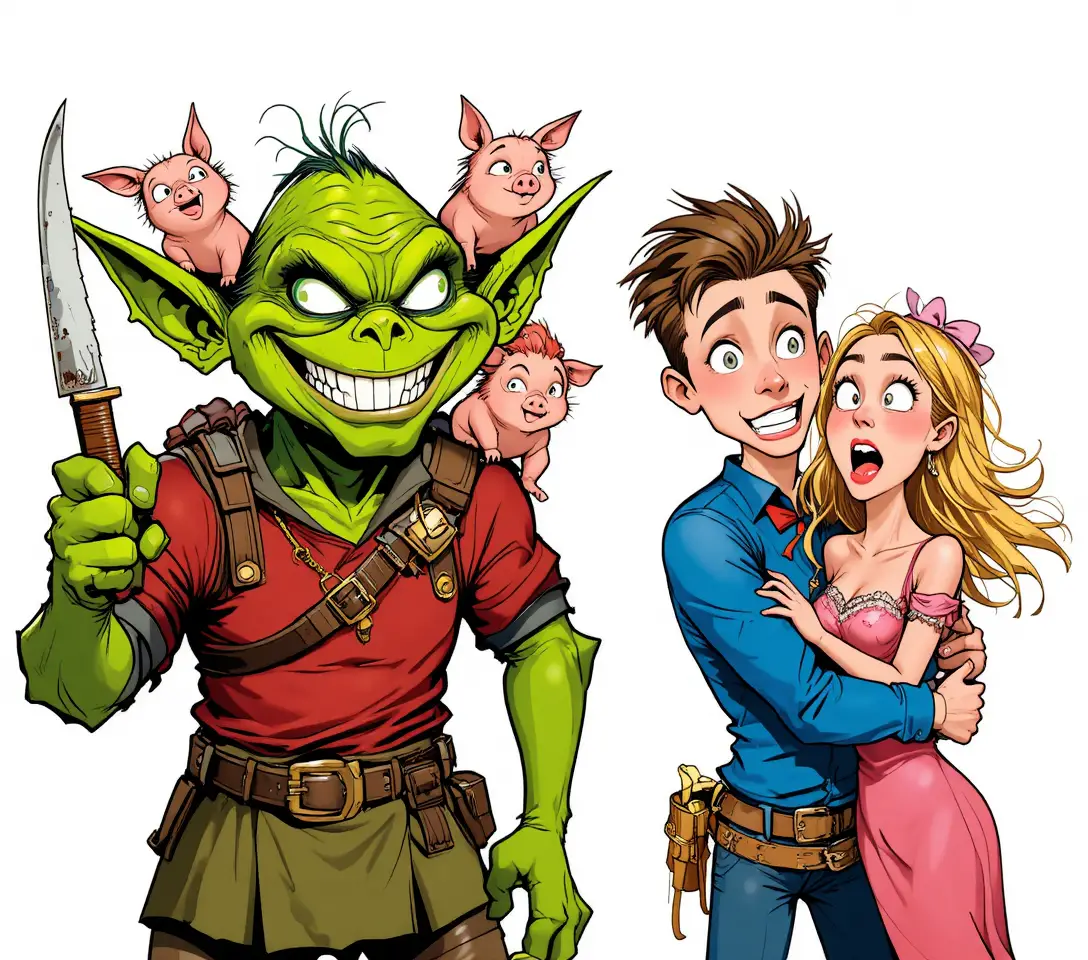 A grinning goblin holds a knife with two pigs perched on its back