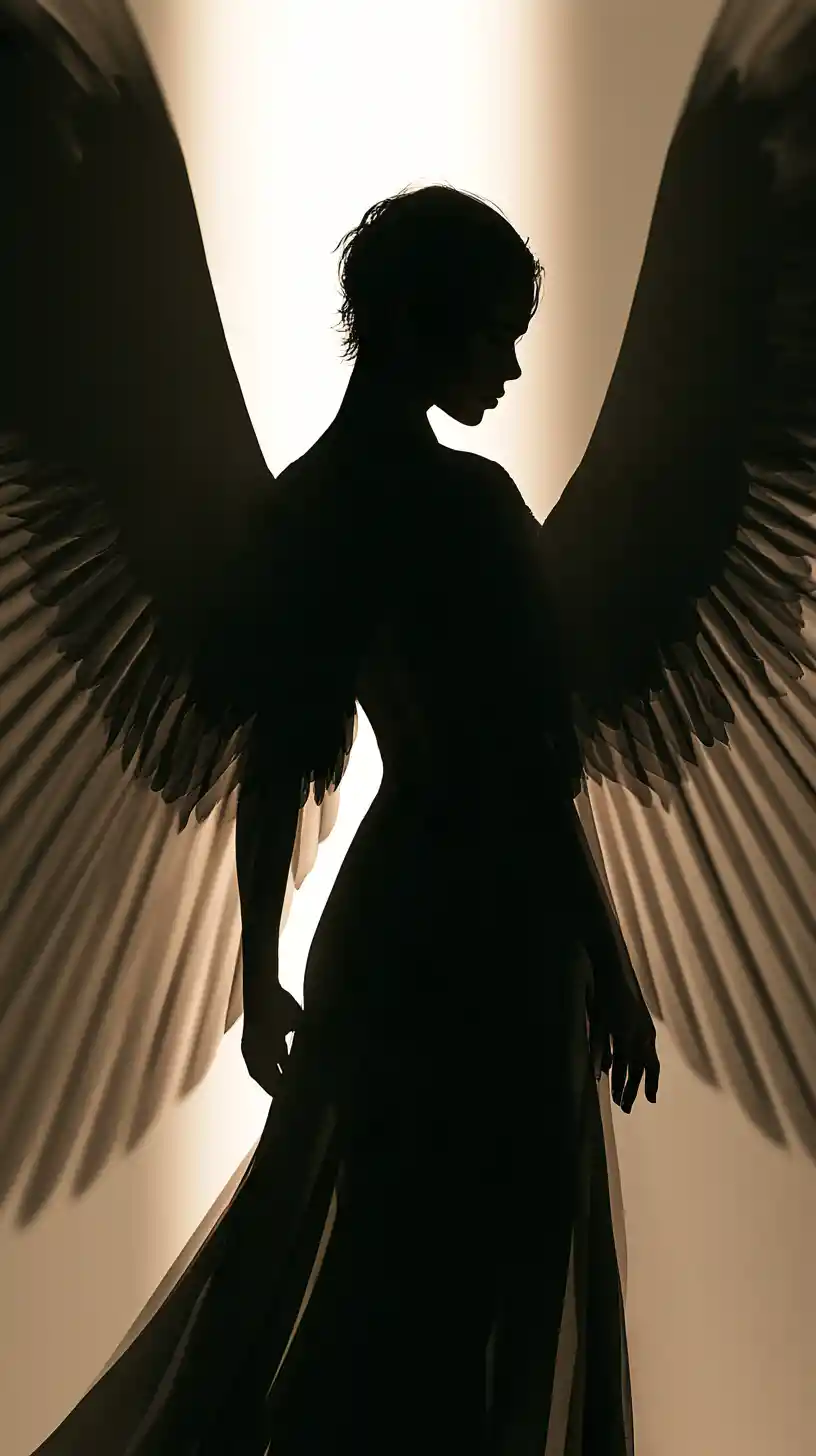 A Dark Female Angel With Vast Wings Seen From Behind