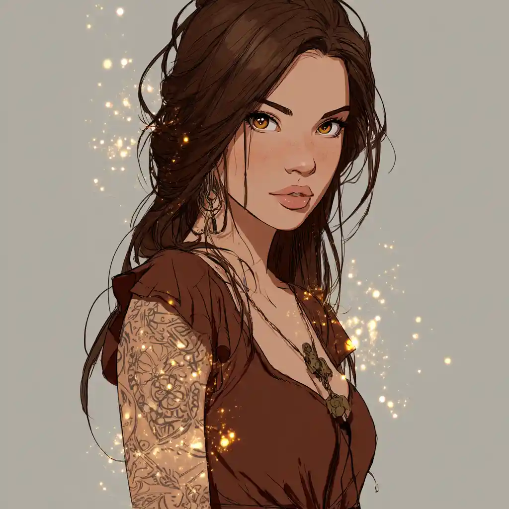 A fantasy sorceress with brown hair, amber eyes, and runic tattoos