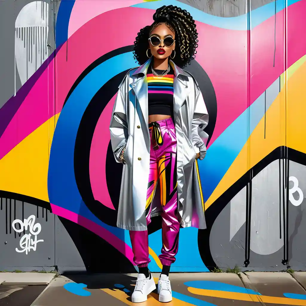 A confident black girl strides in a playful caricature fashion illustration