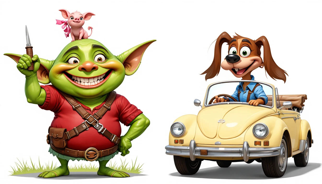 Un goblin sorridente indica verso l’alto con dei maialini appollaiati sulla testa