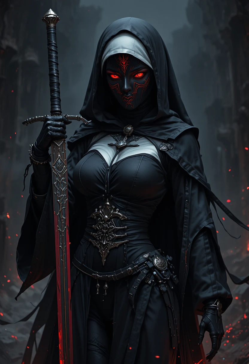 Una suora assassina in stile anime e mascherata impugna una spada fantasy in un regno infernale