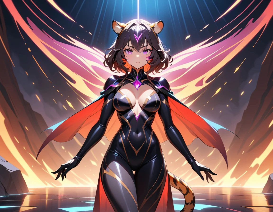 A tiger woman supervillain stands confidently in her volcanic cavern lair