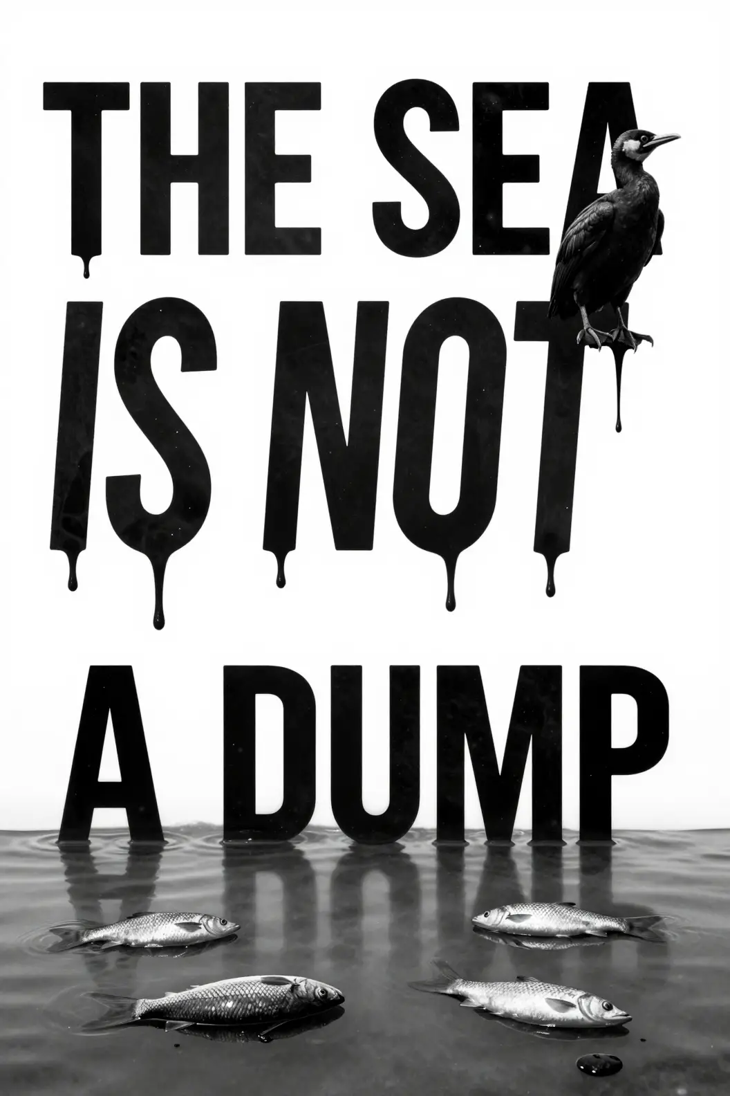 A cormorant perches above oil slicked letters warning against ocean dumping