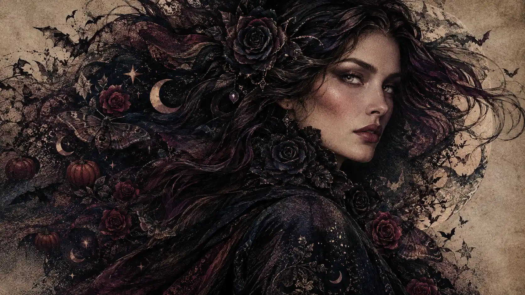 An enigmatic witch portrait with hair dissolving into tiny gothic symbols