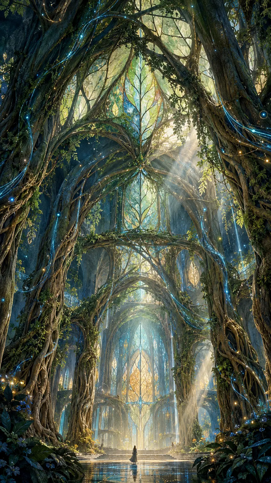 An abandoned botanical cathedral glows beneath luminous vines and stained glass leaves