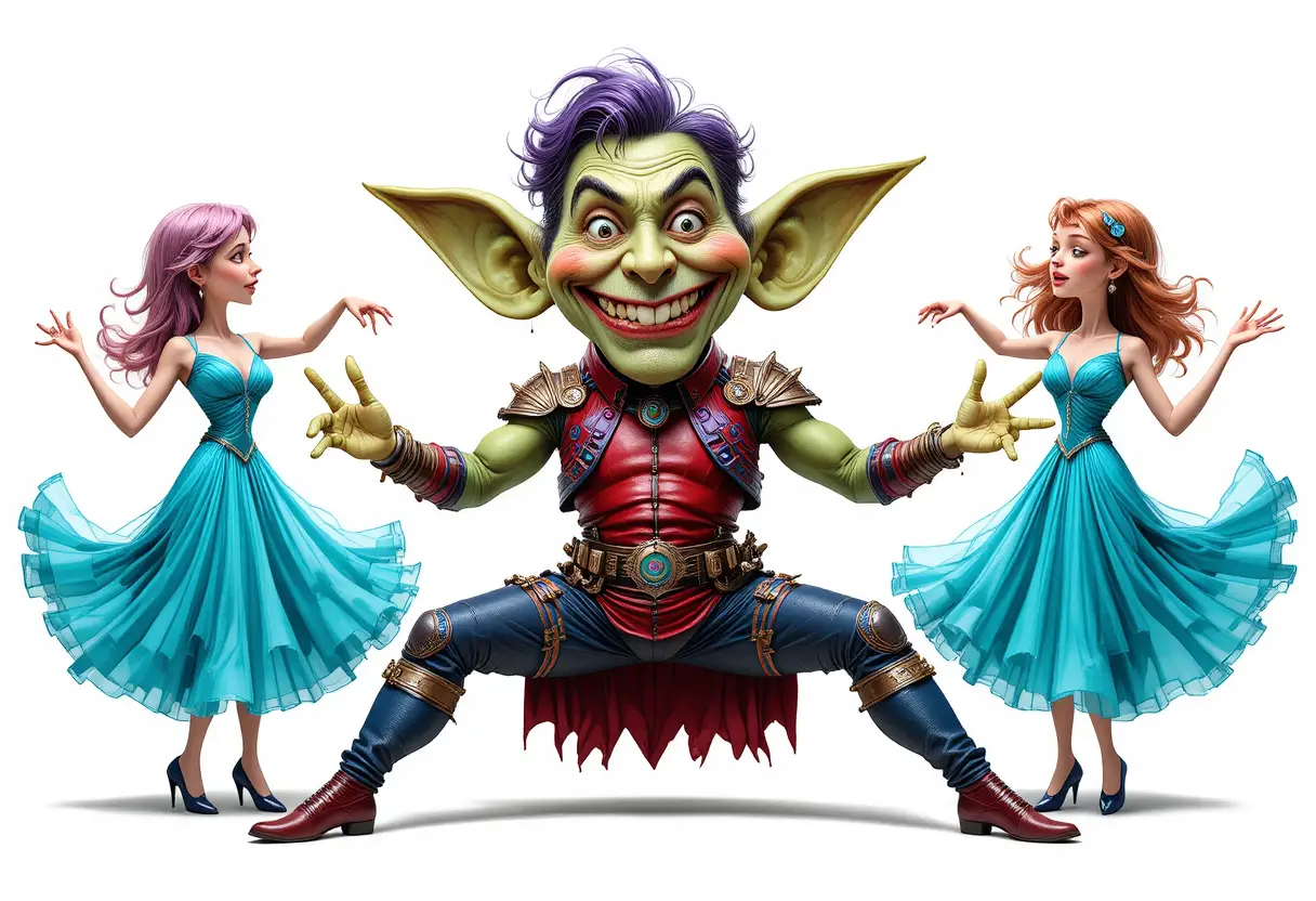 A Grinning Green Goblin Surrounded by Three Dancing Women