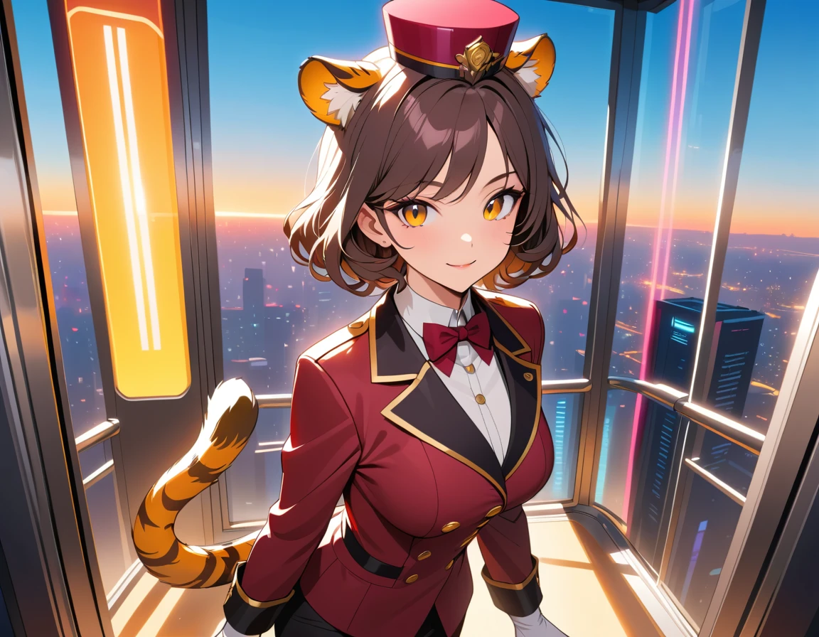 Tiger woman stands in a glass elevator overlooking a cyberpunk city
