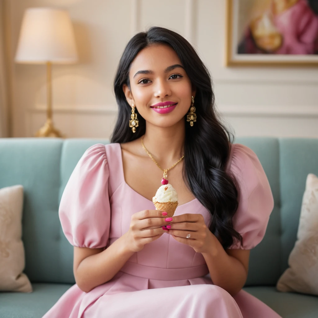 Young Woman Enjoying Vanilla Ice Cream While Seated on a Plush Lounge
