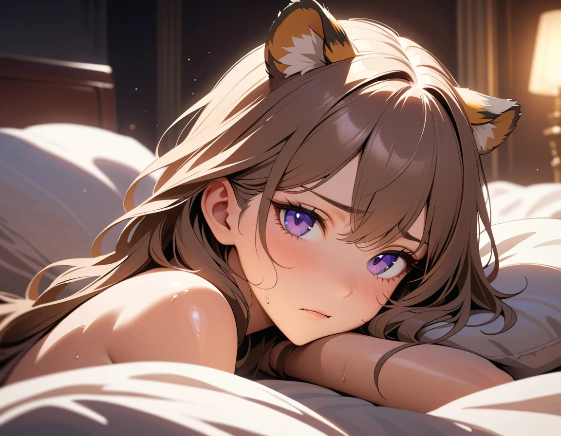 A Tiger Woman Reclines Beneath White Satin Sheets in a Dim Bedroom