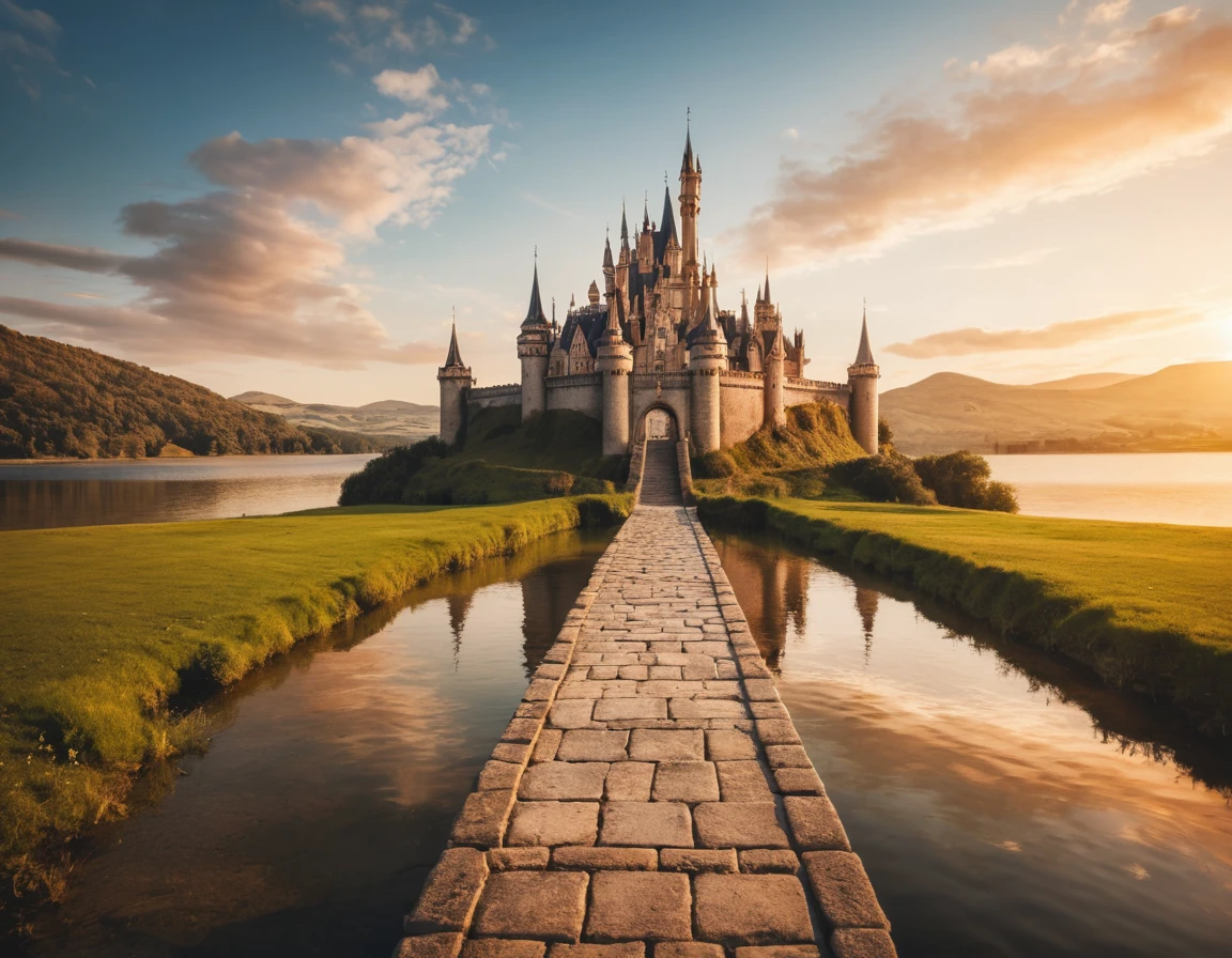 A fairy-tale castle stands amid a lake at golden hour