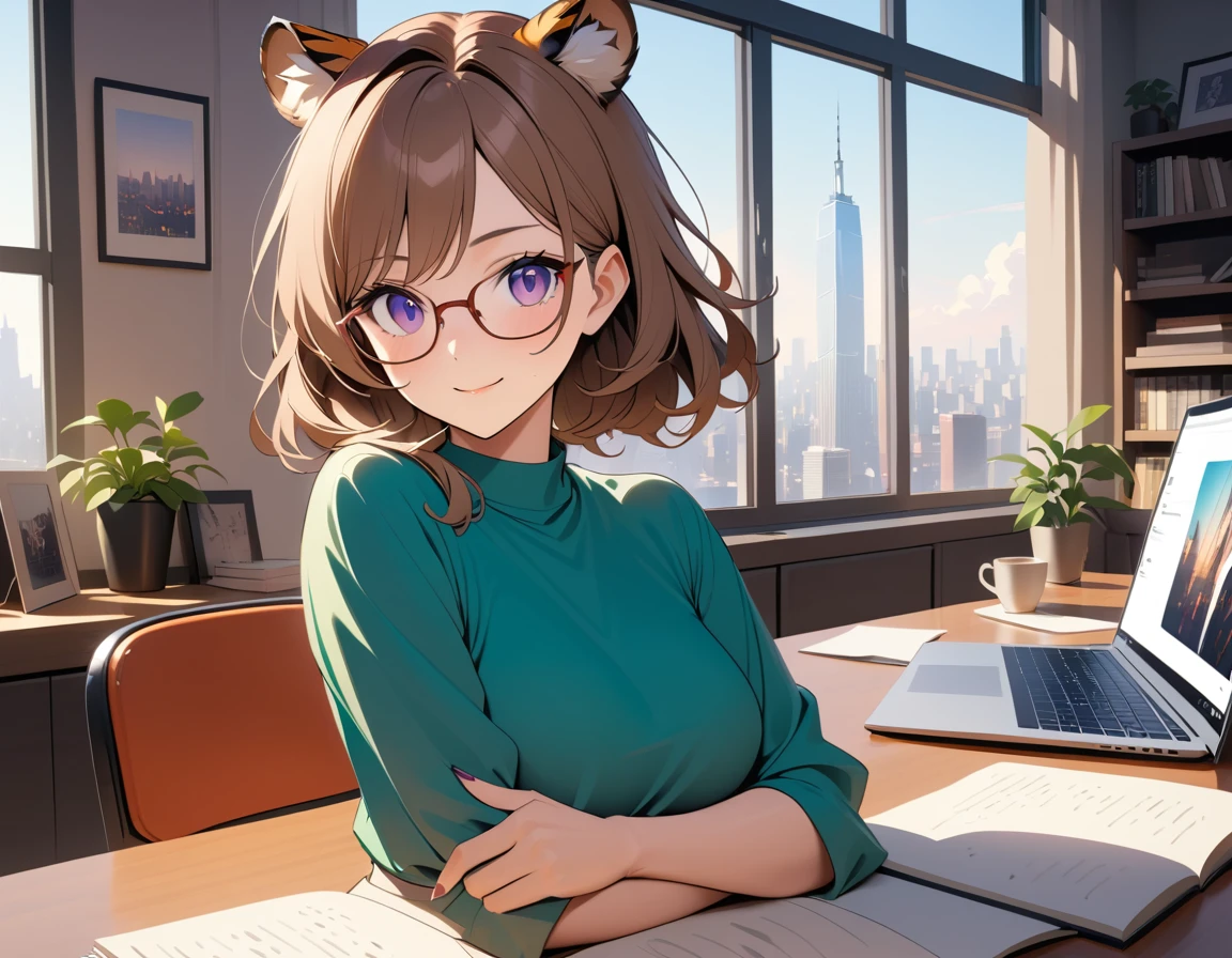 A Tiger Woman Editor Working at Her Desk in a Bright Magazine Office