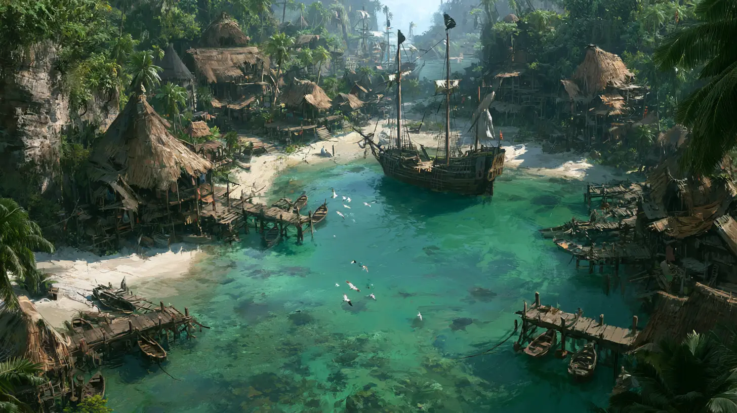 A Pirate Cove With Anchored Ships, Beach Huts, and Jungle Buildings