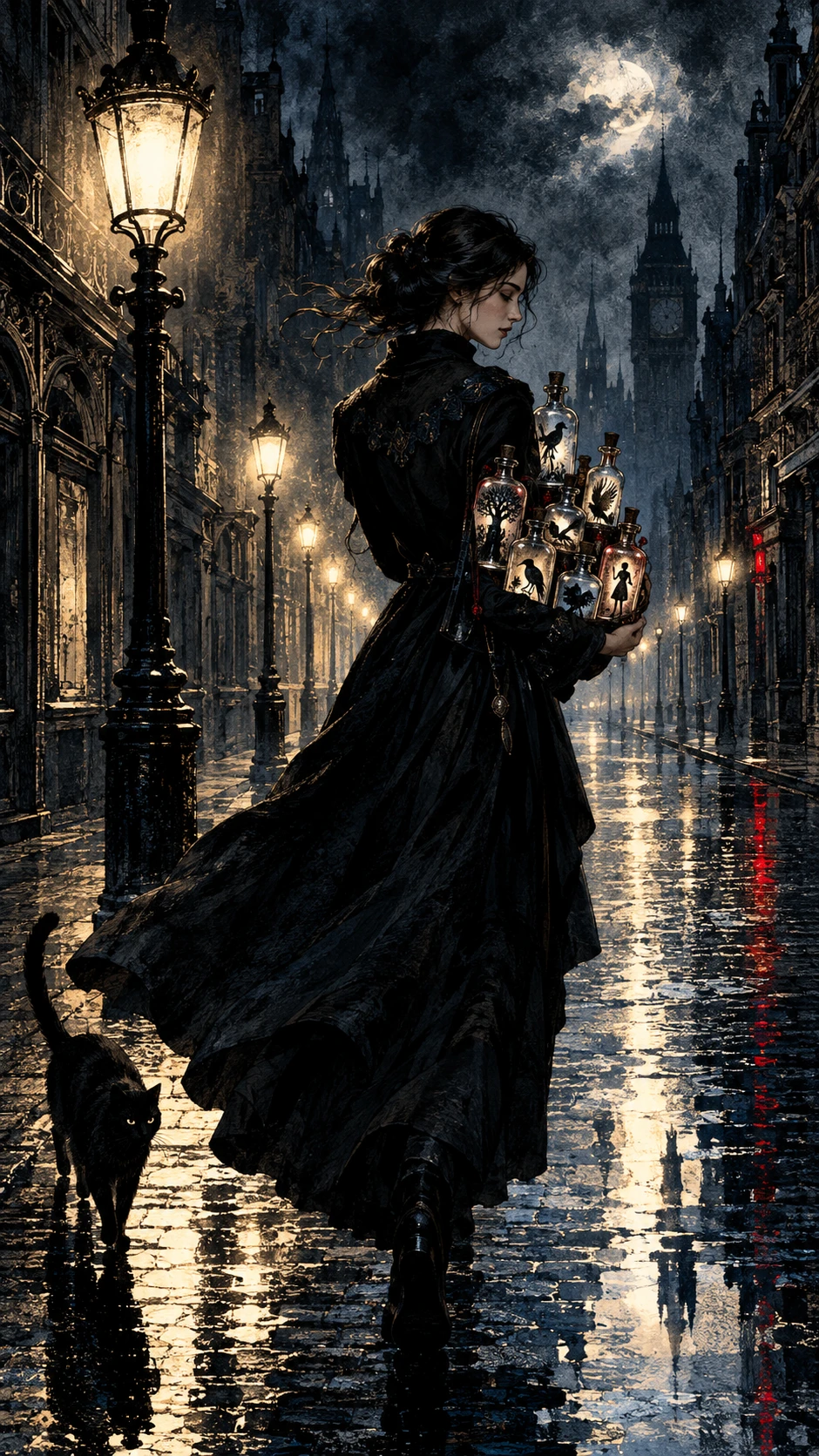 Uma mulher carrega frascos com sombras vivas por uma rua vitoriana deserta