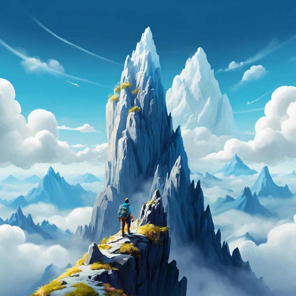 A tiny climber ascends a misty miniature mountain beneath puffy clouds