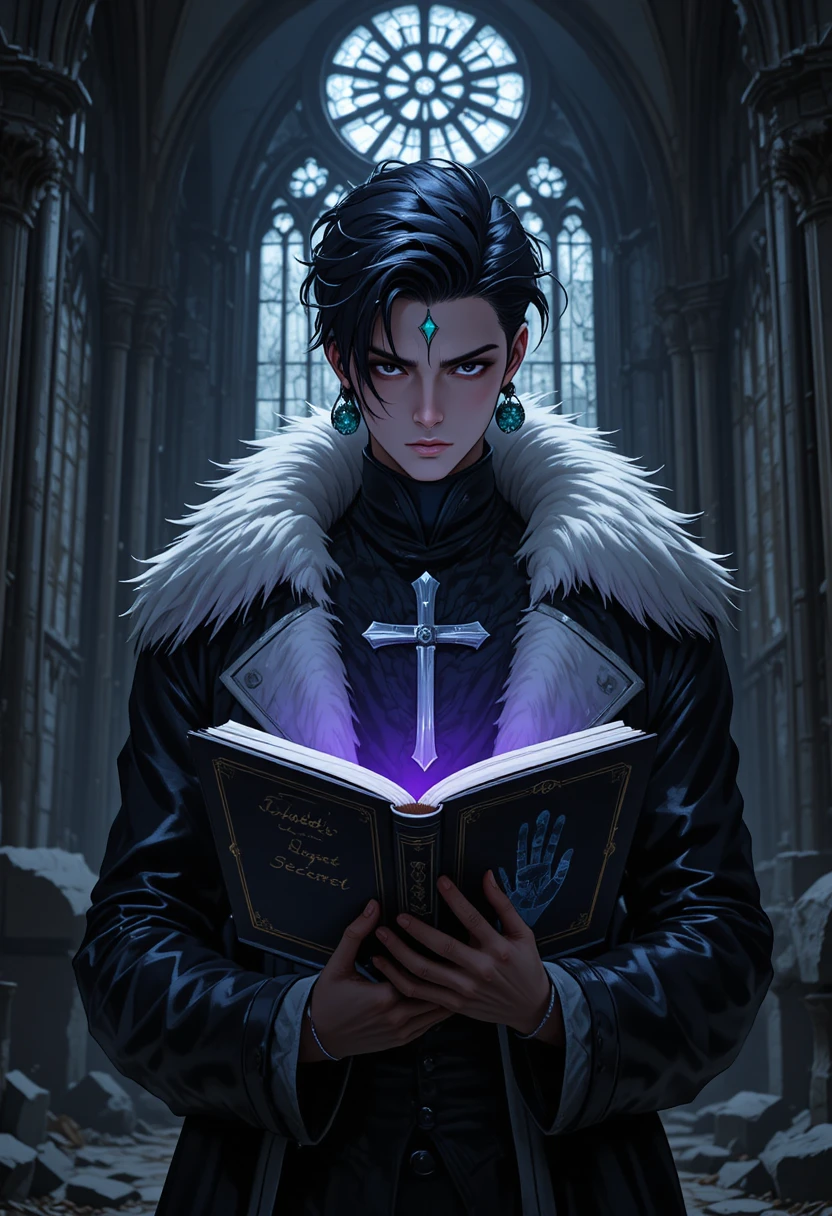 Chrollo Lucilfer Holds a Mysterious Book in a Ruined Gothic Cathedral