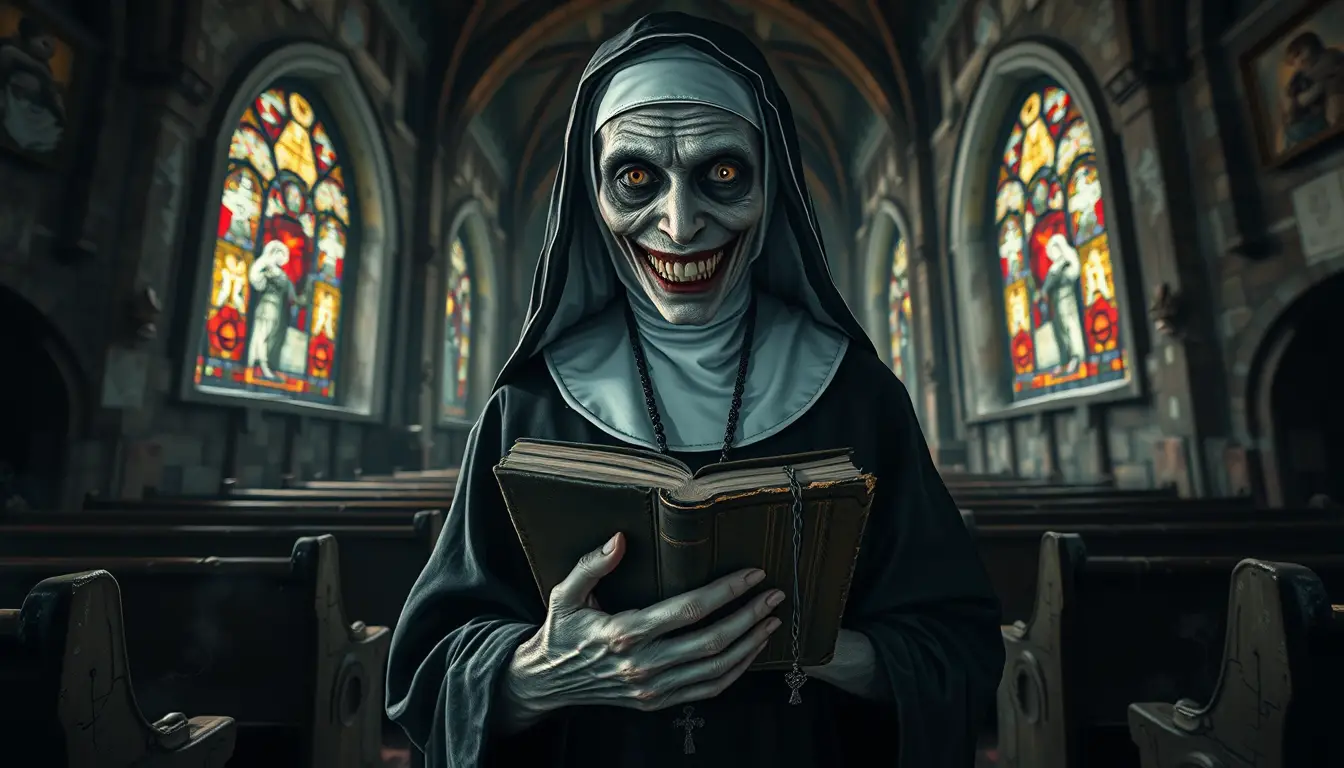 A Sinister Nun Guards an Ancient Prayer Book in a Decaying Church