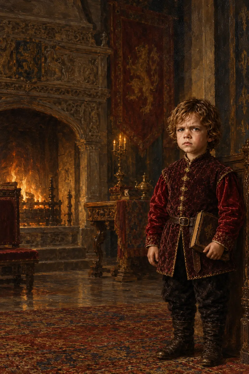 A young boy holds a book in a medieval castle portrait