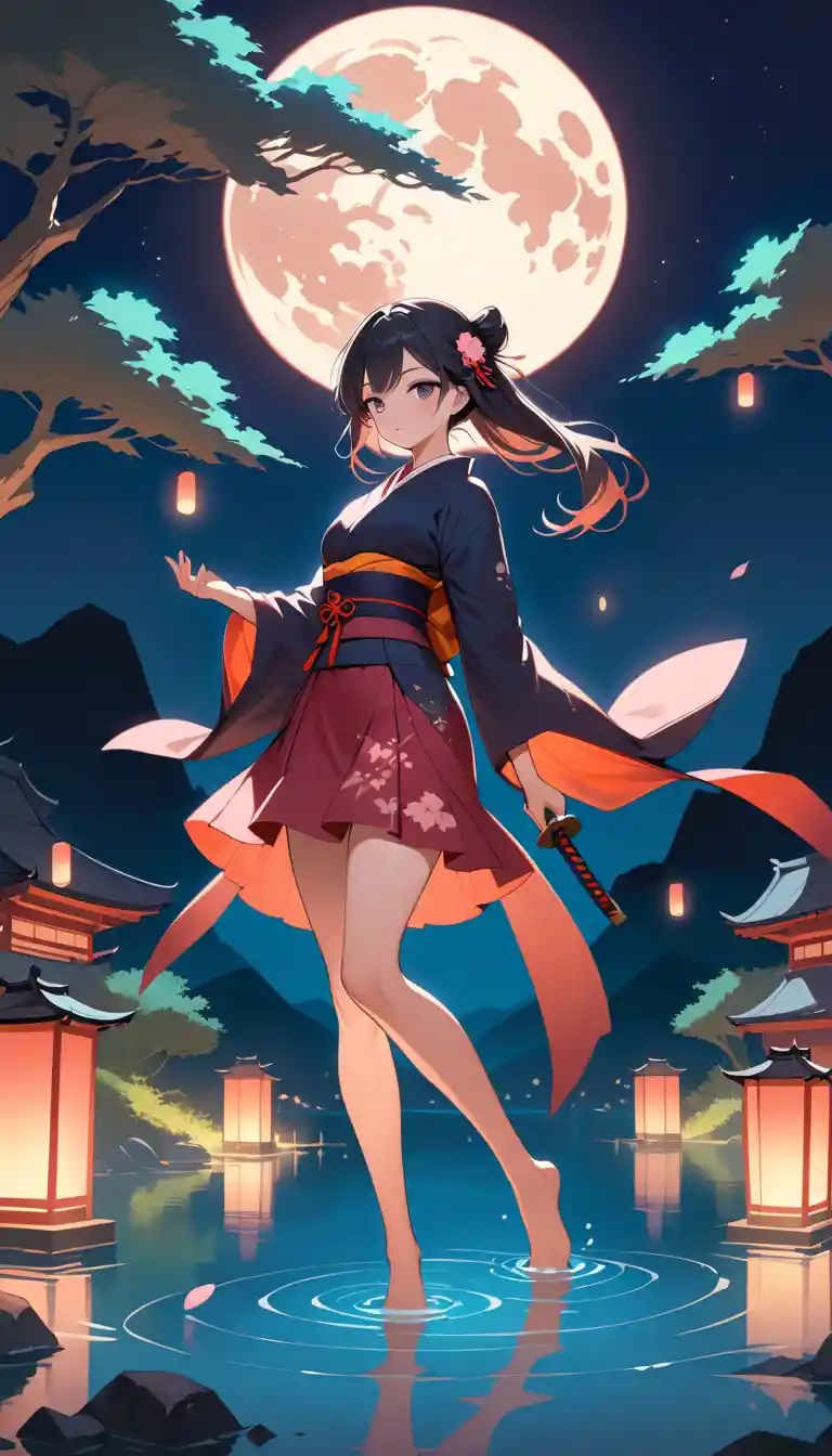 Una mujer de anime sostiene una katana junto a un lago japonés iluminado por la luna