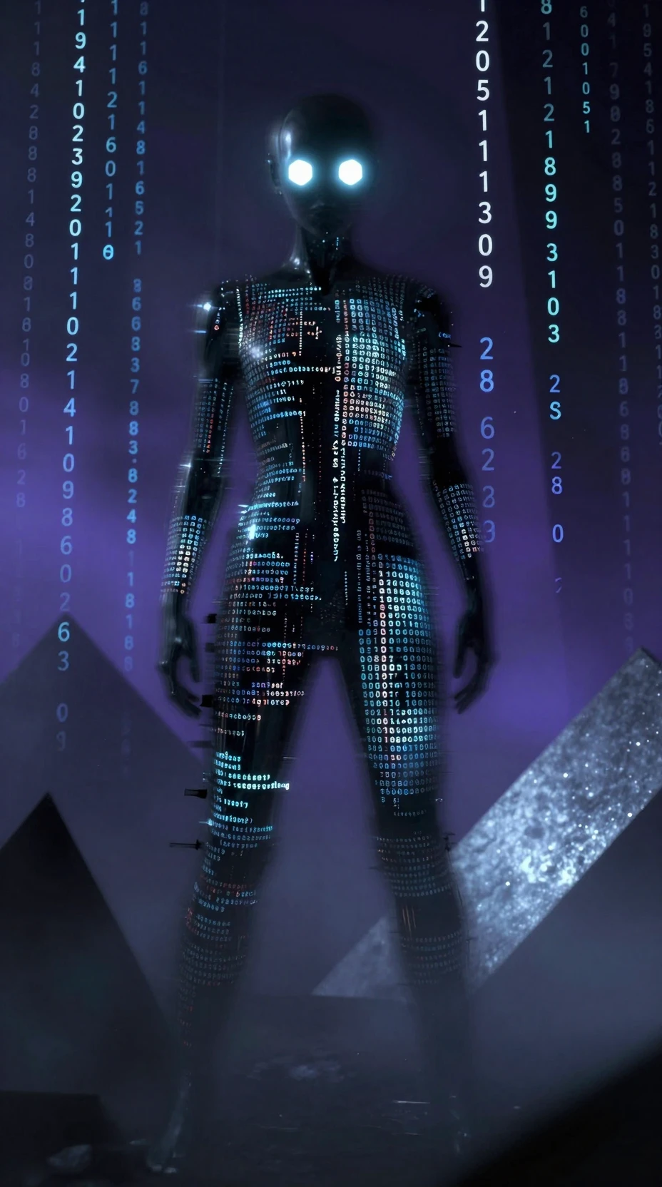 A Blurred Humanoid Figure with Glowing Hexagonal Eyes in a Surreal Environment
