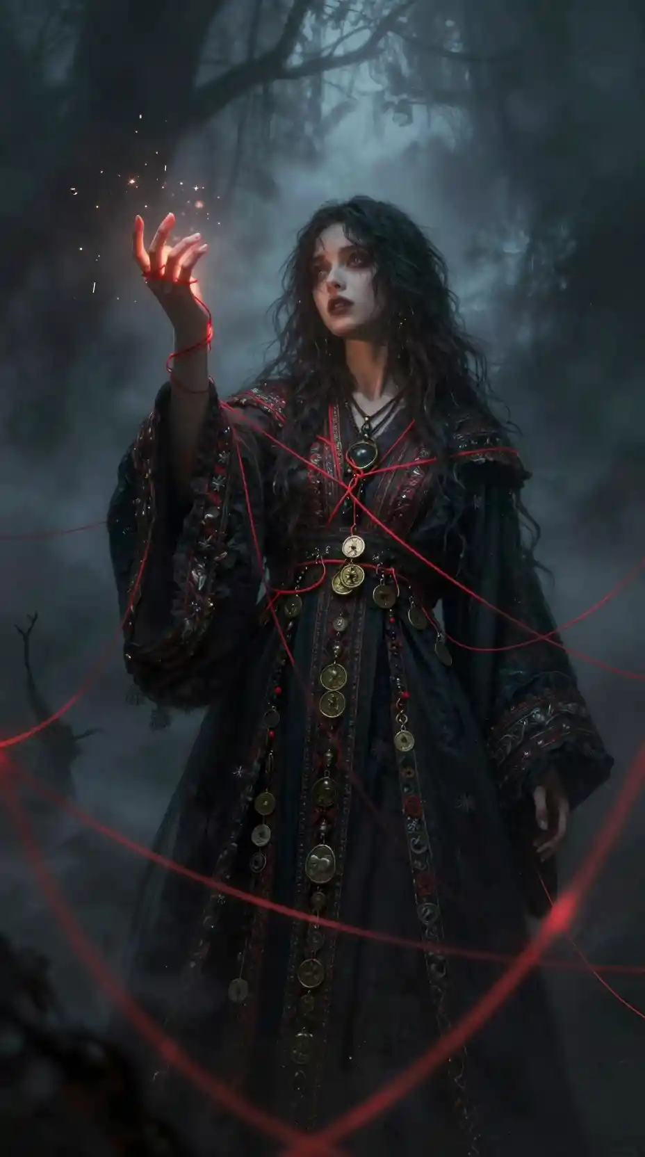 Une jeune magicienne tient un fil rouge lumineux sur fond sombre et brumeux