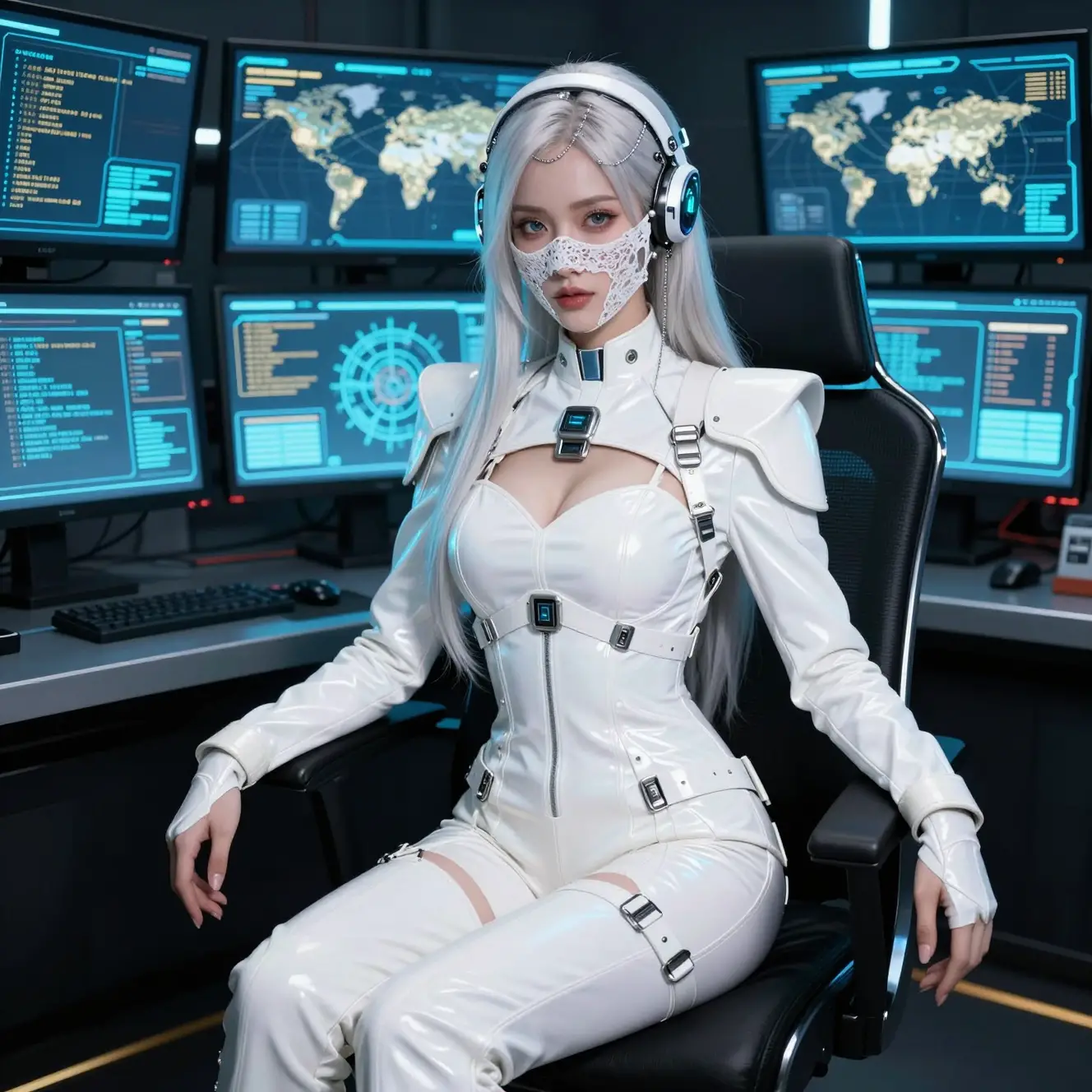 A Cybernetic Hacker Seated Before Glowing Screens in a Futuristic Control Room