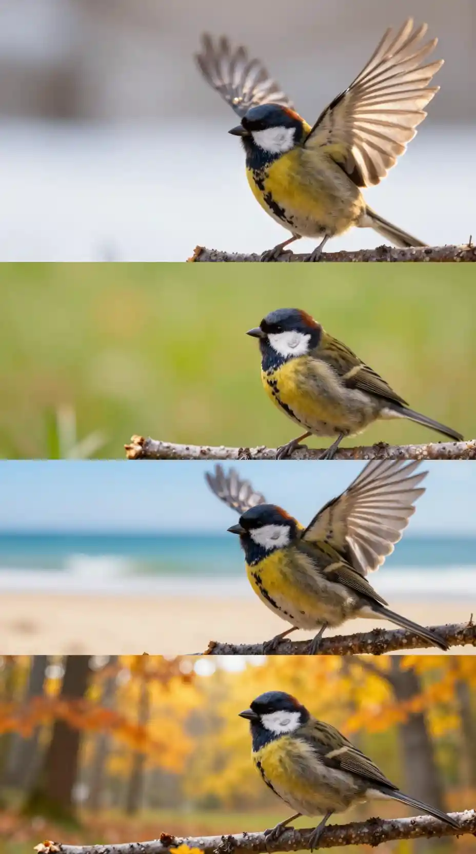 A sparrow perched on a branch amid mirrored seasonal worlds