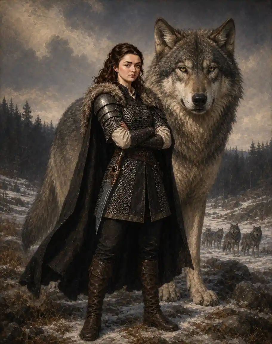 A young armored woman stands before a direwolf in a snowy field