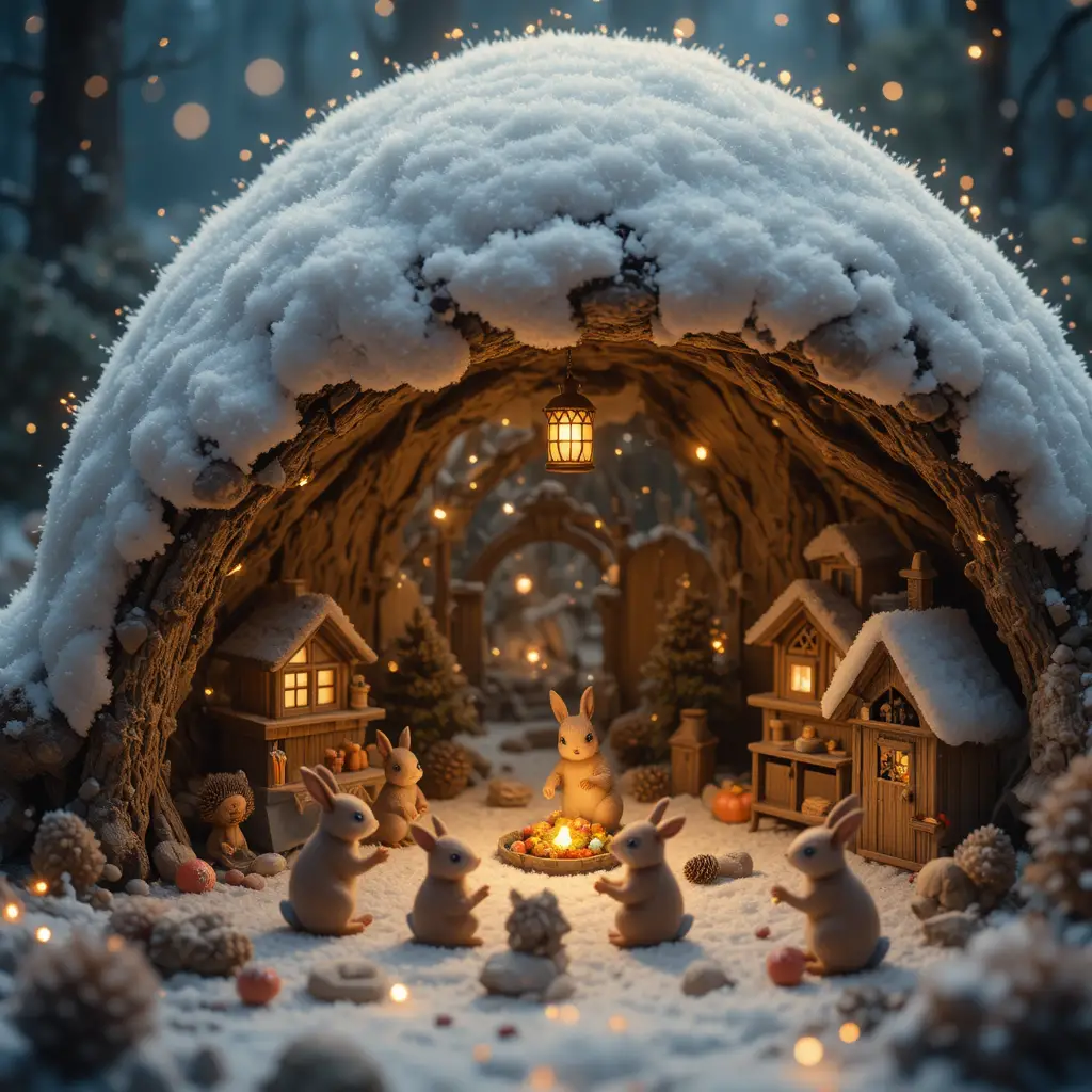 Tiny woodland animals gather in a classroom beneath a snowy mushroom