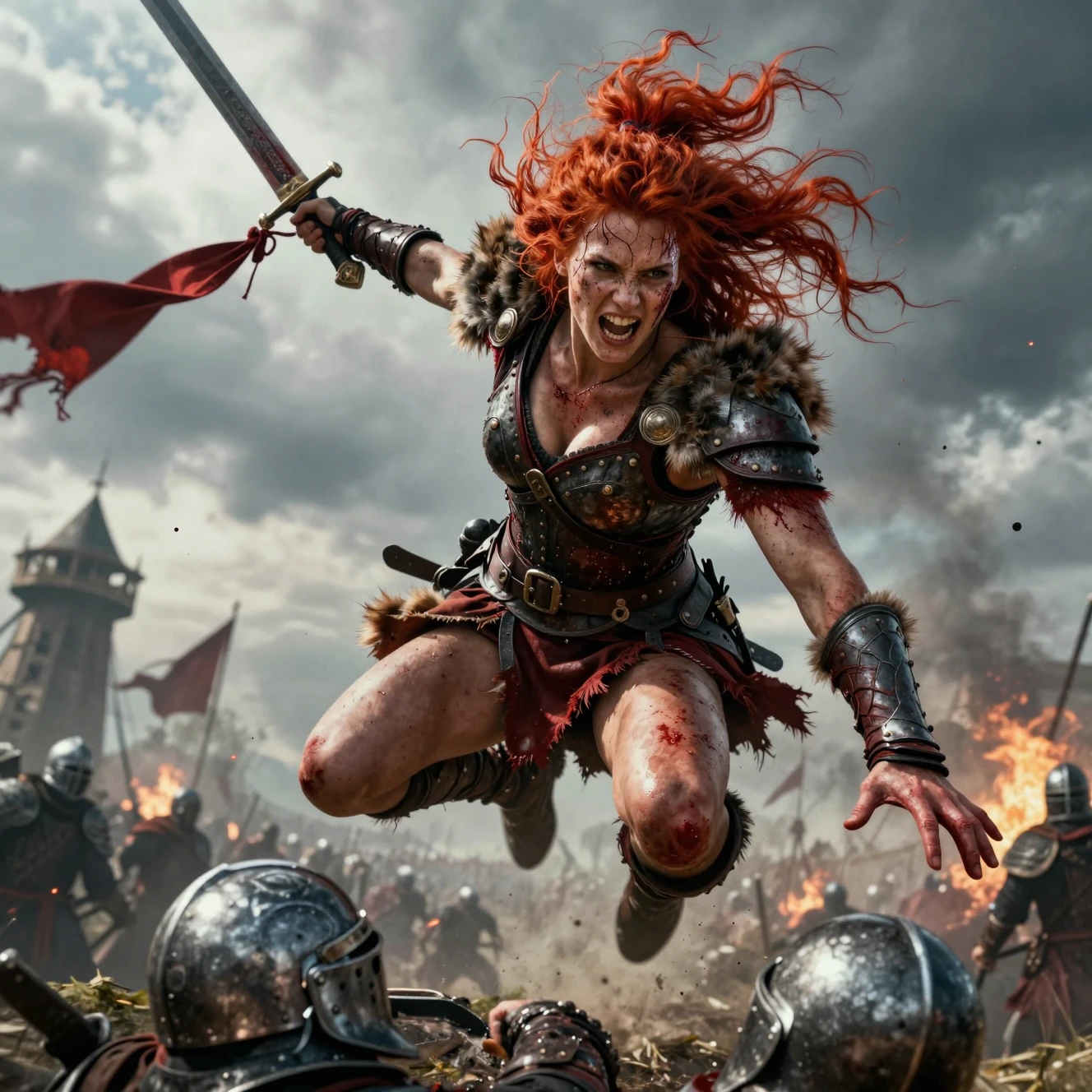 A red-haired warrior leaps into battle beneath smoky skies