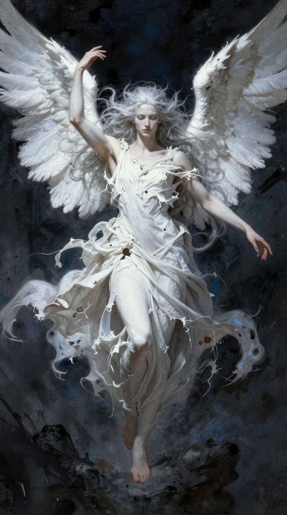 A powerful seraph with flowing silver hair and large white wings
