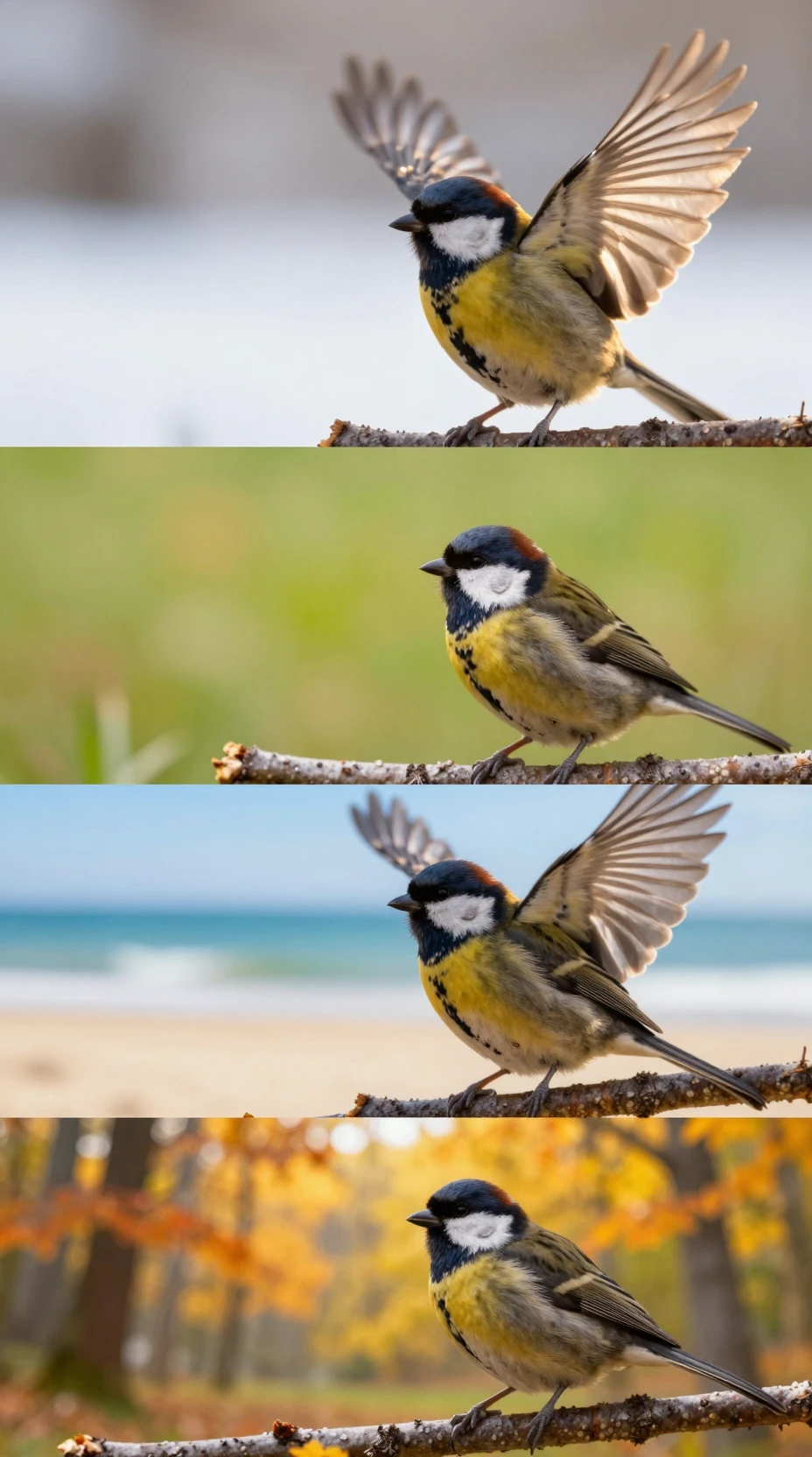 A sparrow perched on a branch amid mirrored seasonal worlds