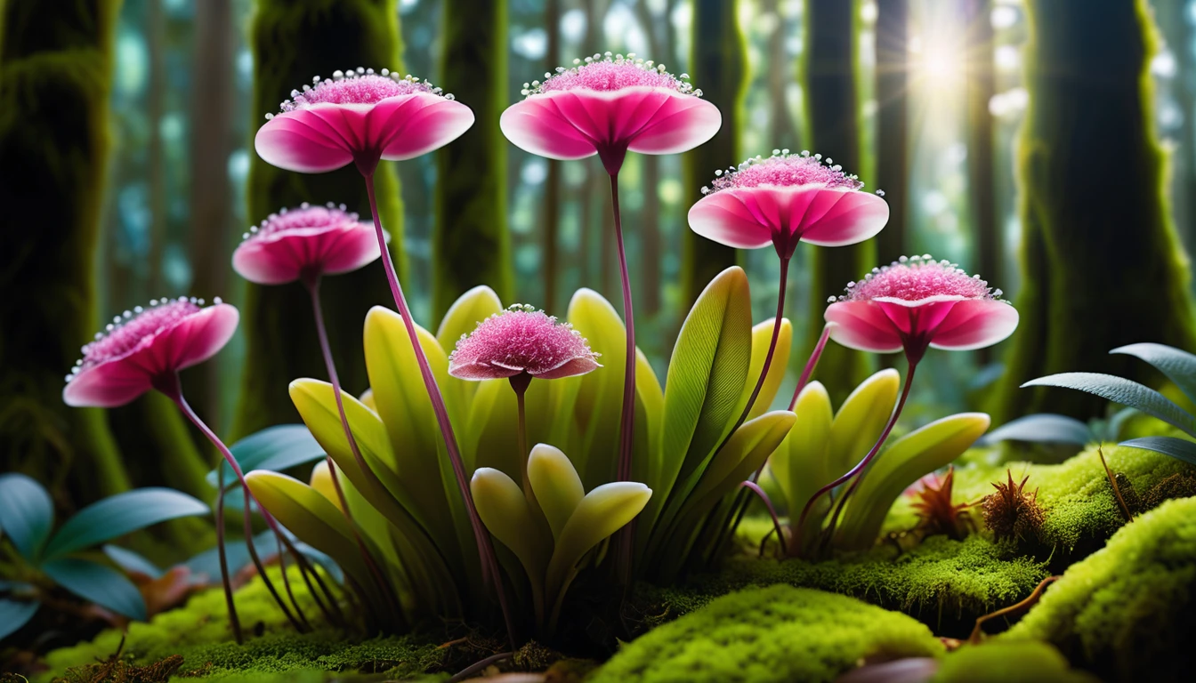 Fiori turchesi e magenta brillano sotto corone di filamenti bianchi in una foresta