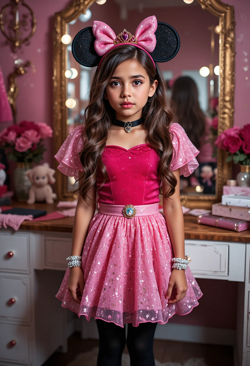 Un ragazzo nervoso con un costume da principessa di Minnie Mouse è davanti a una toeletta