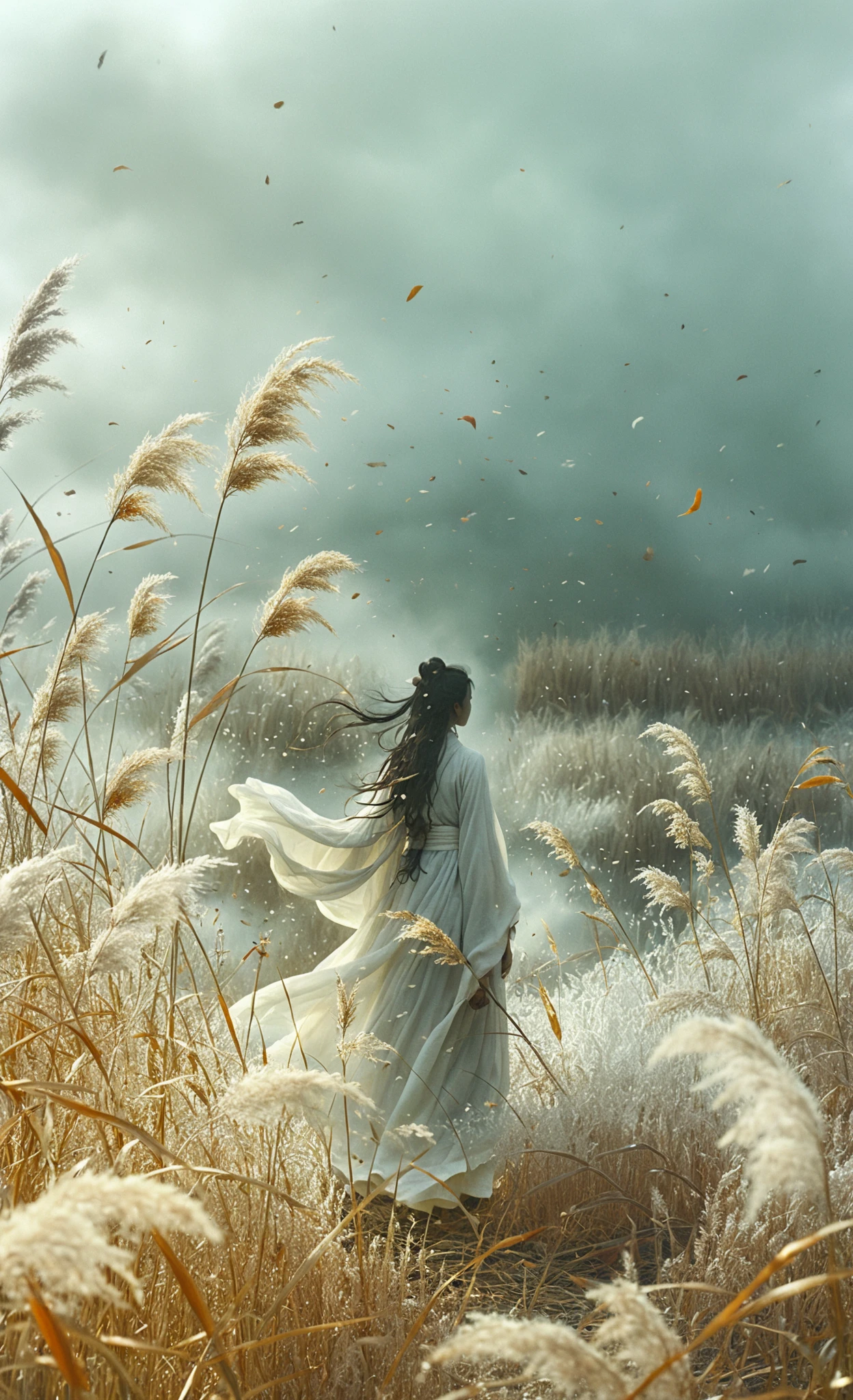 A white-robed woman stands alone in a misty autumn reed marsh