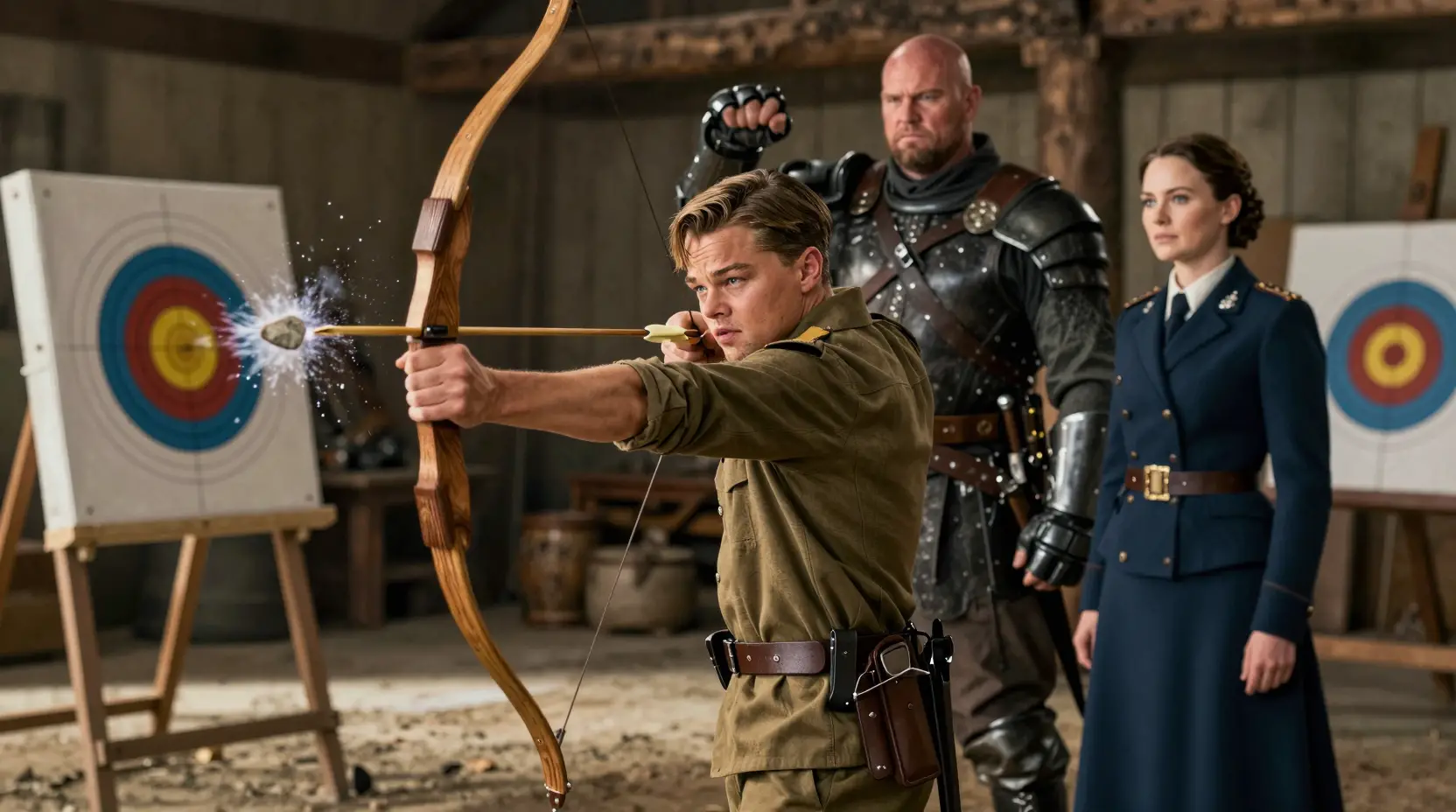 Young soldier breaks a distant target with a wooden slingshot