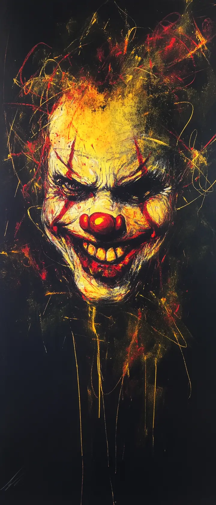 Un sorriso frammentato da clown emerge da un vuoto profondamente nero