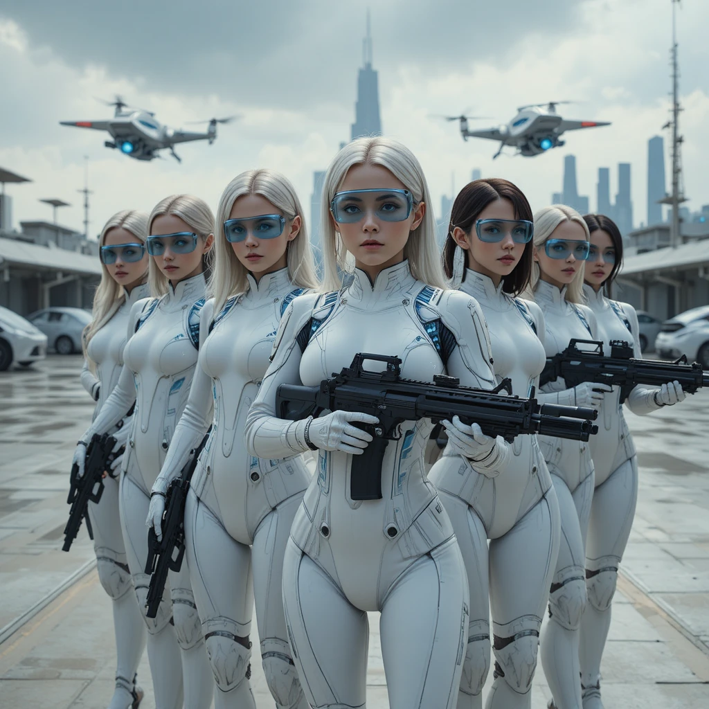 Female sci-fi warriors stand ready in a tactical military formation