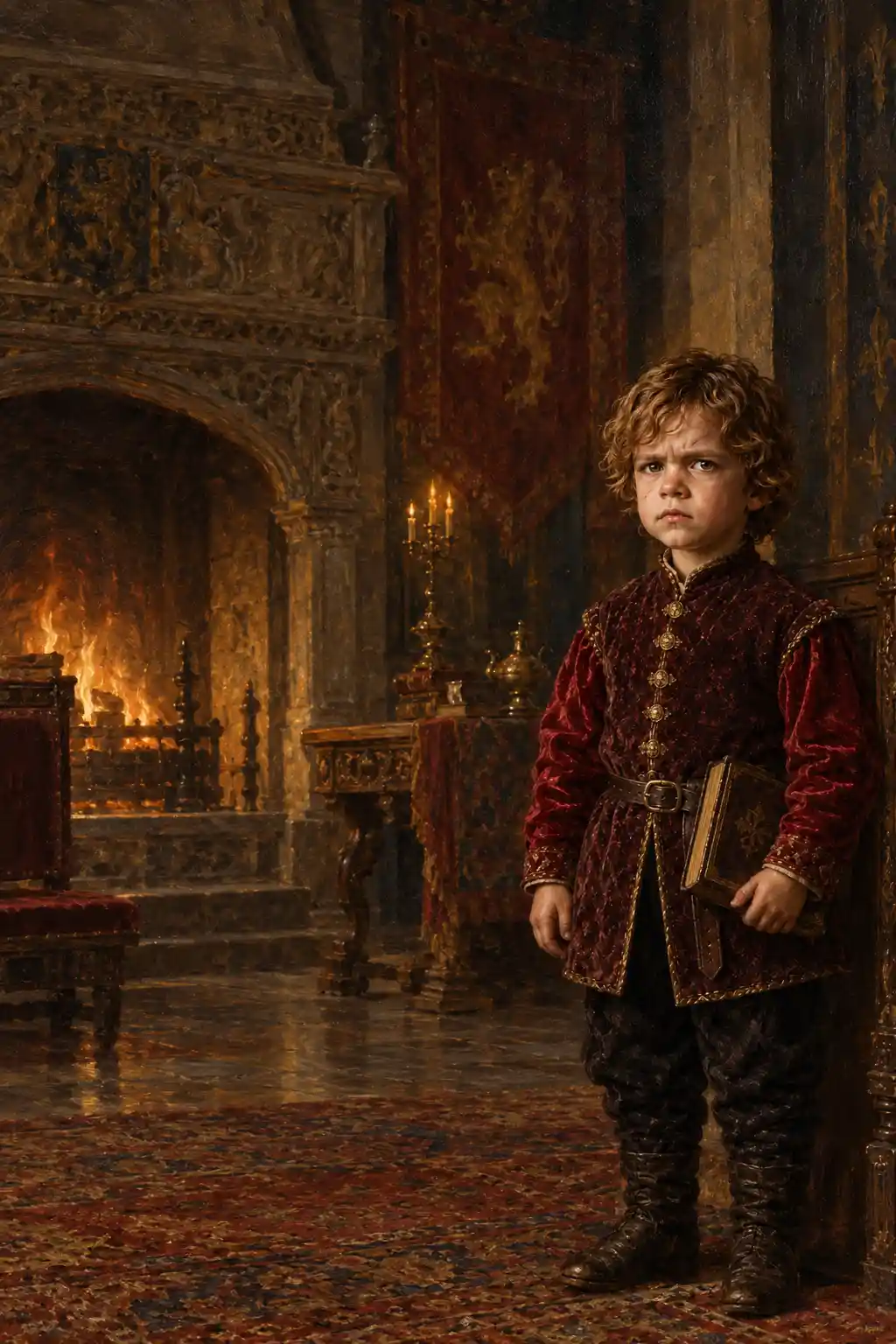 Ritratto di un ragazzo con un libro in un castello medievale