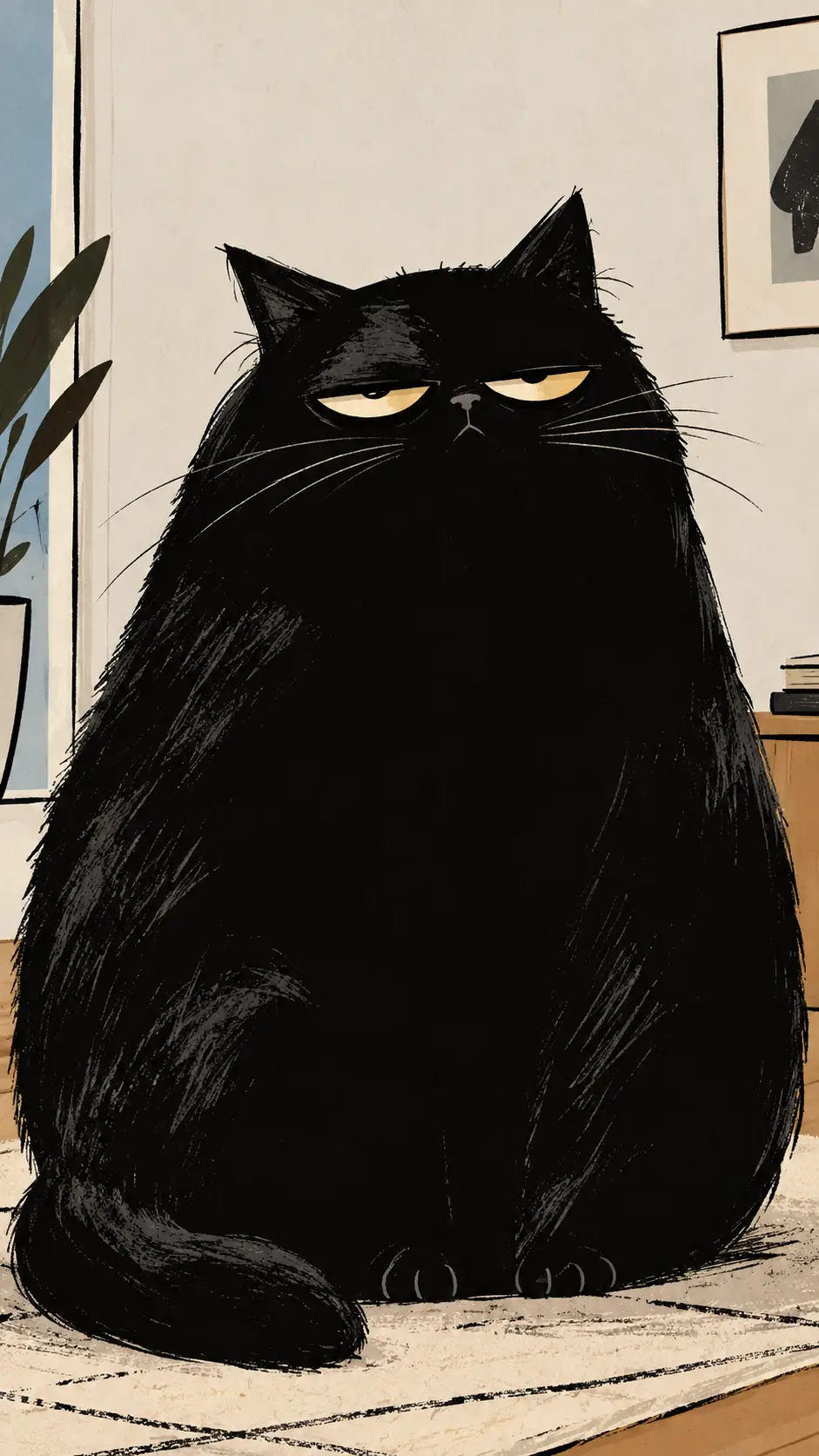 A Massive Black Cat Sits Still With A Weary, Disdainful Stare