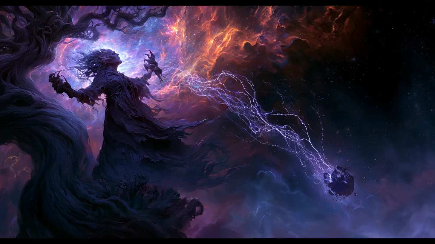 Un'antica strega si erge in cima a un albero primordiale sotto una nebulosa vorticosa